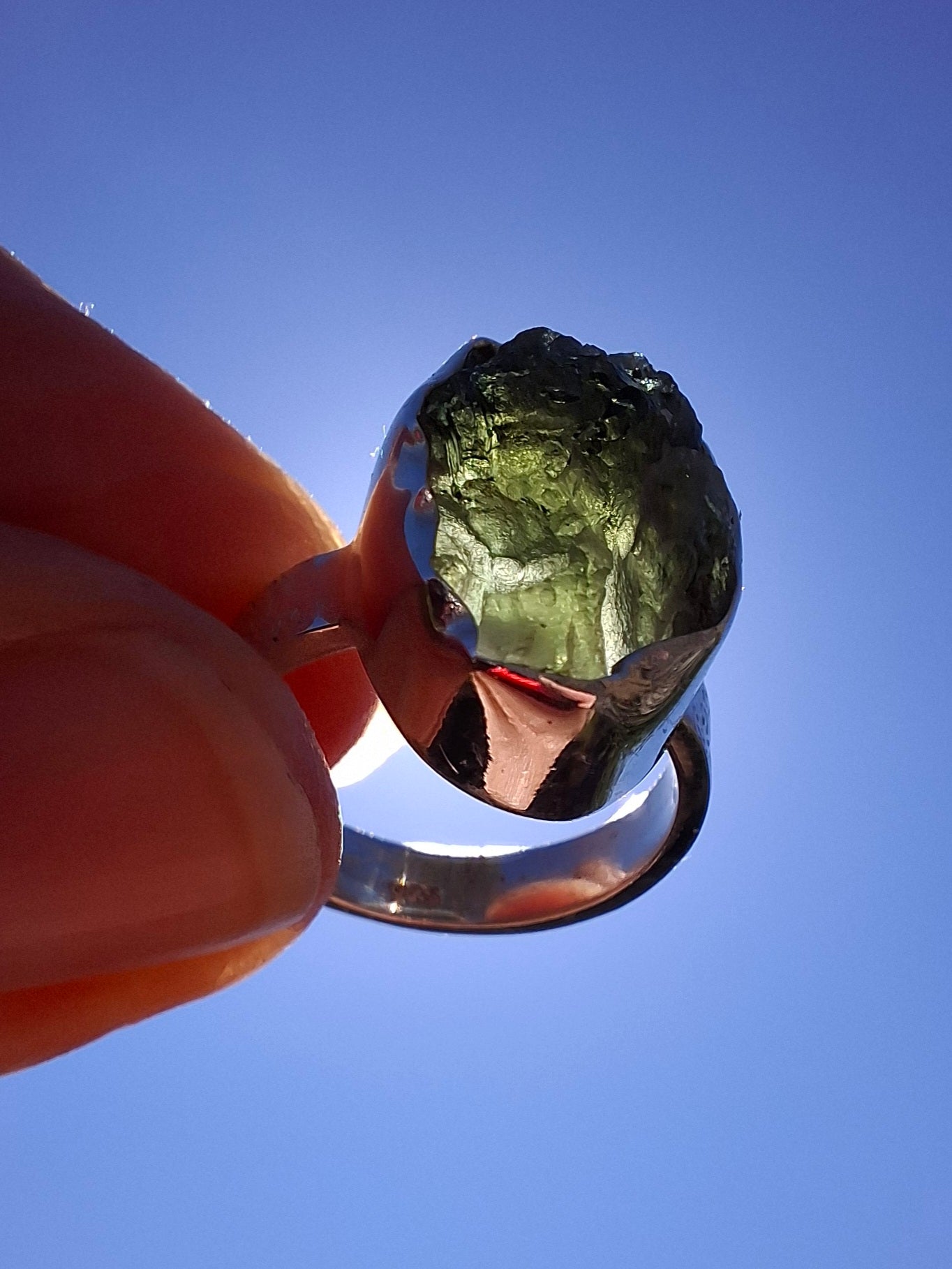 Moldavite Ring, size H, 925 Silver, Tektite (Ref: R294)