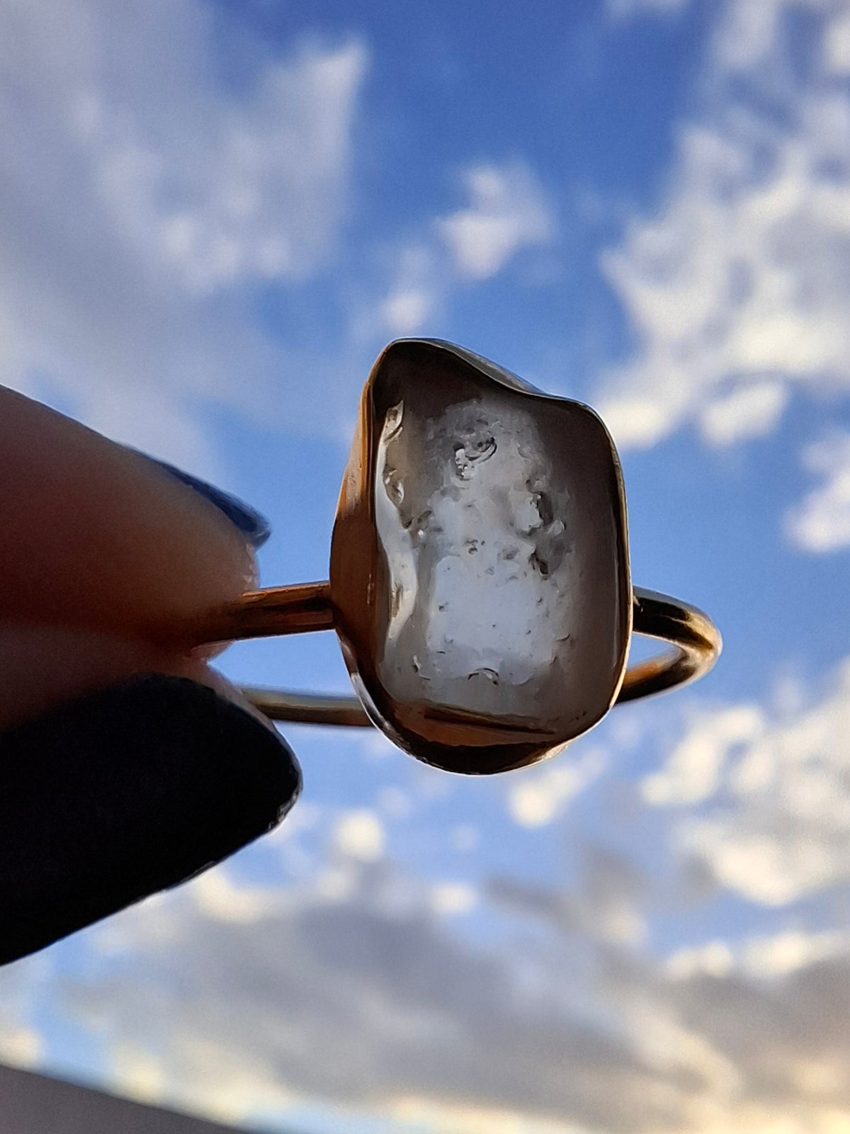 Libyan Desert Glass Ring, 14K GOLD Plated, size large Q, Tektite (Ref: LR64)