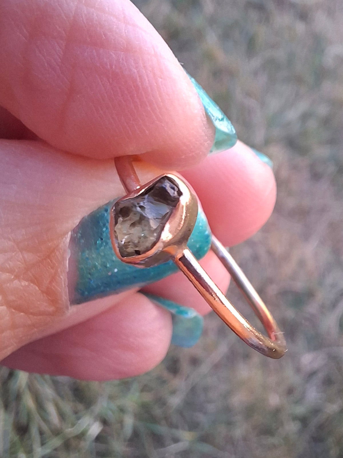 Moldavite Ring, 14K GOLD Plated, size large T, Tektite (Ref: R350)